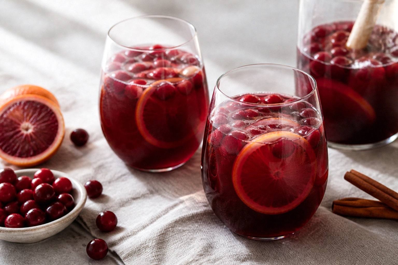 two glasses of blood orange cranberry sangria styled for serving with cranberries and blood orange slices