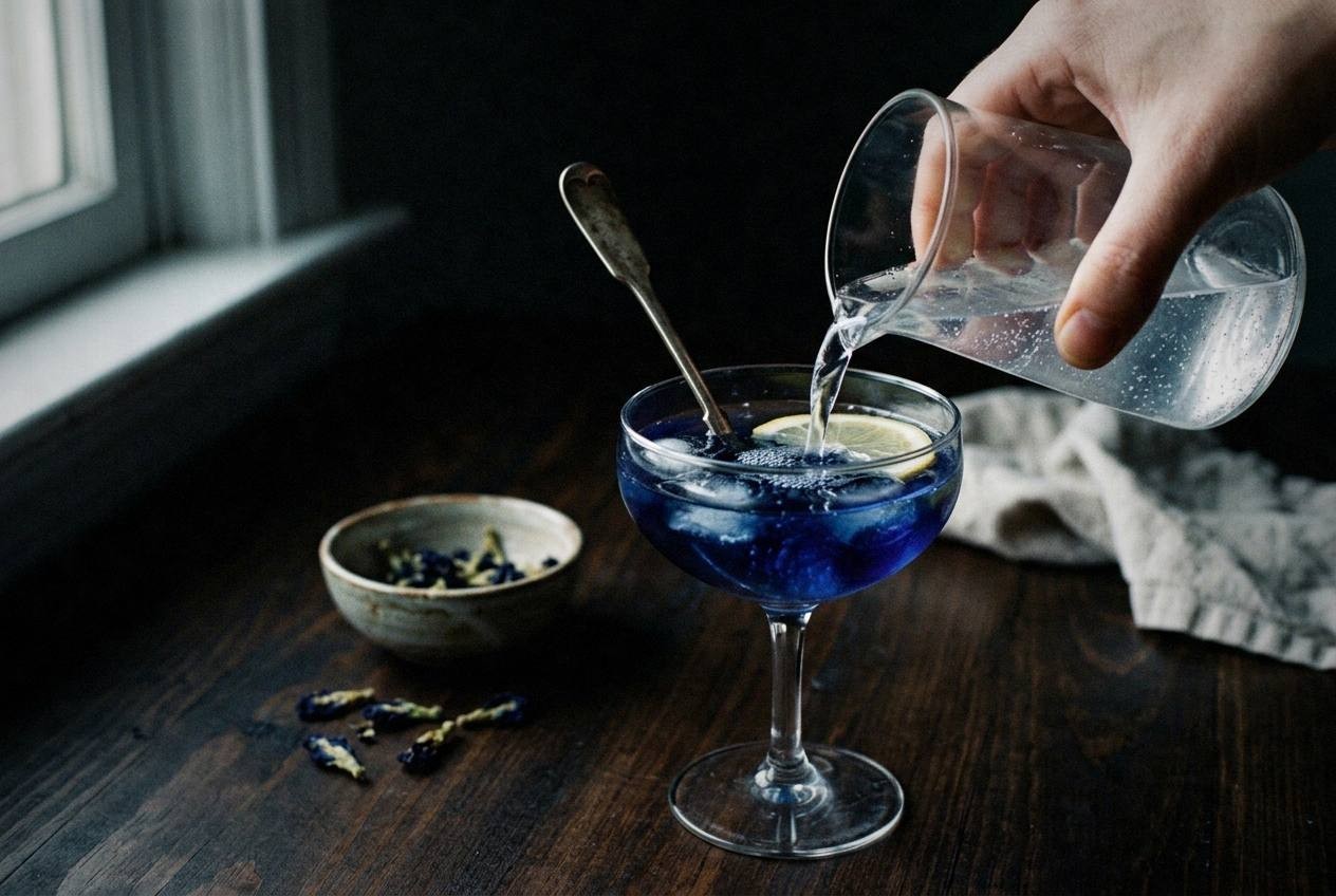 Overhead view of butterfly pea flower tea changing from blue to purple as lemon juice is poured into glass with ice