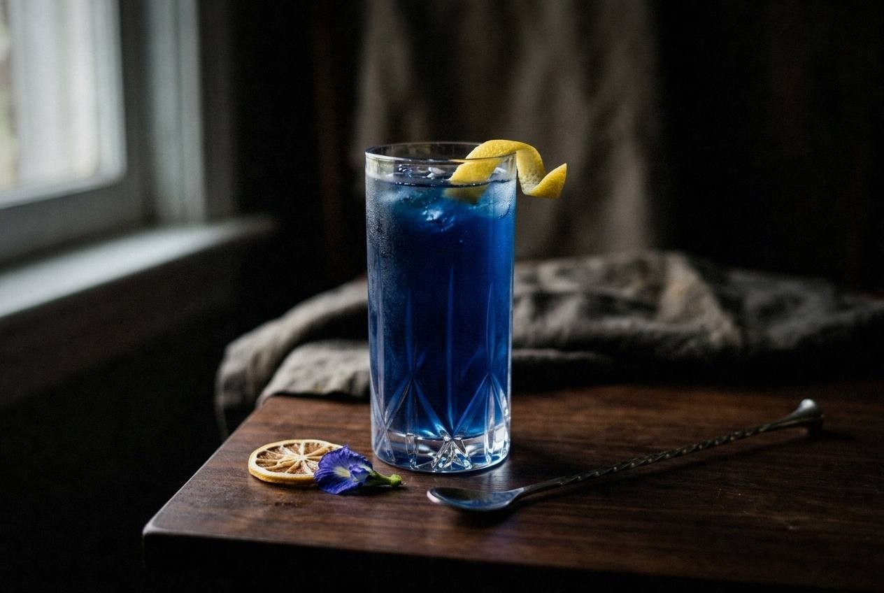 Three finished butterfly pea flower mocktails with garnishes arranged on wooden tray with fresh flowers and citrus slices