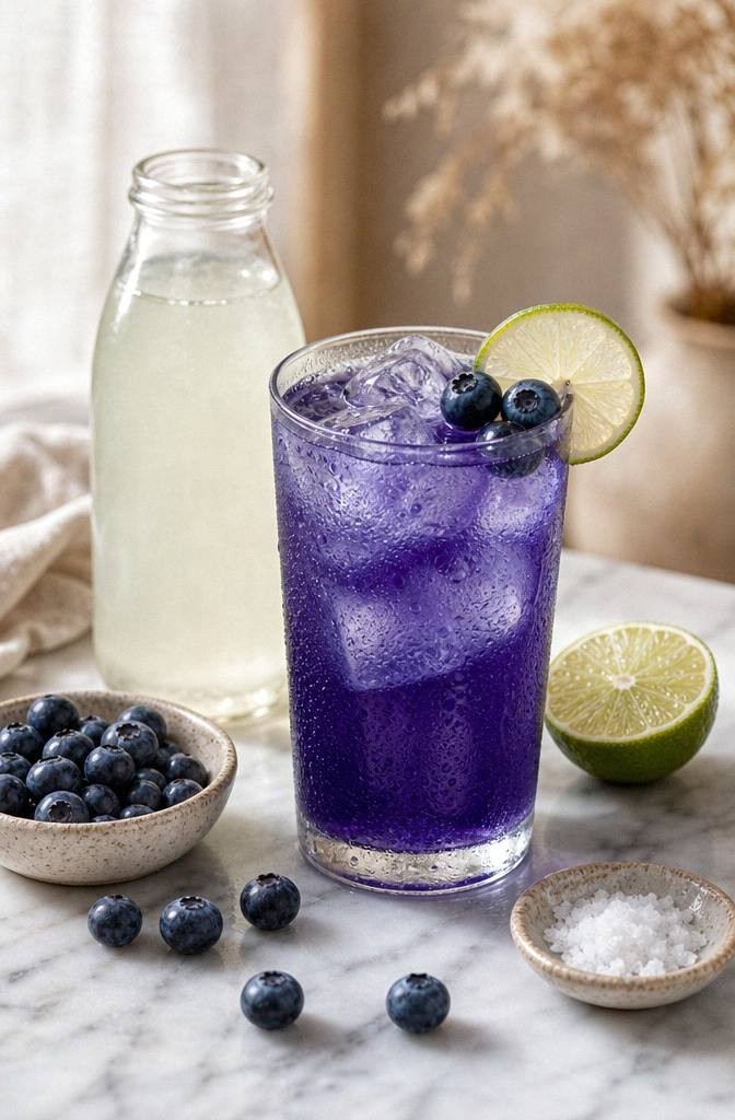 Fresh blueberries, a halved lime, a small dish of sea salt, and a bottle of coconut water on a pale surface for a homemade blueberry coconut water energy drink