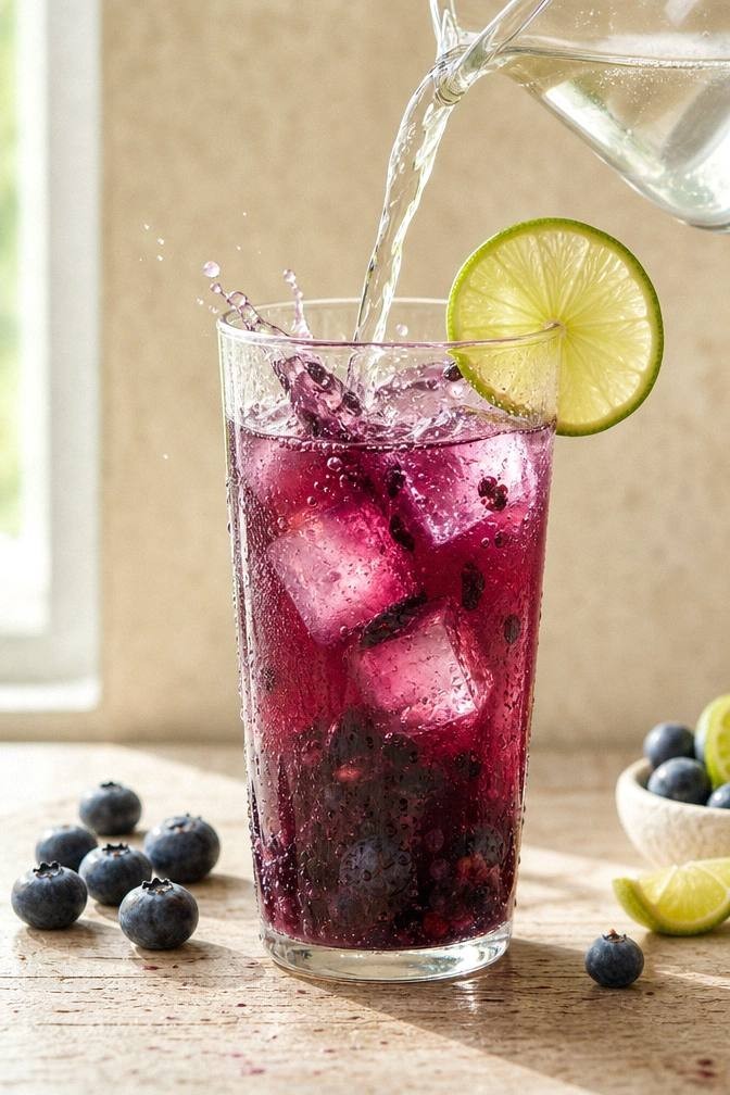 Muddled blueberries releasing deep purple juice in a glass with coconut water being poured in for a natural homemade energy drink