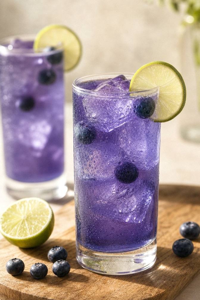 Finished deep blue-purple blueberry coconut water energy drink in a tall glass over ice with whole blueberries and a lime wheel in bright daylight