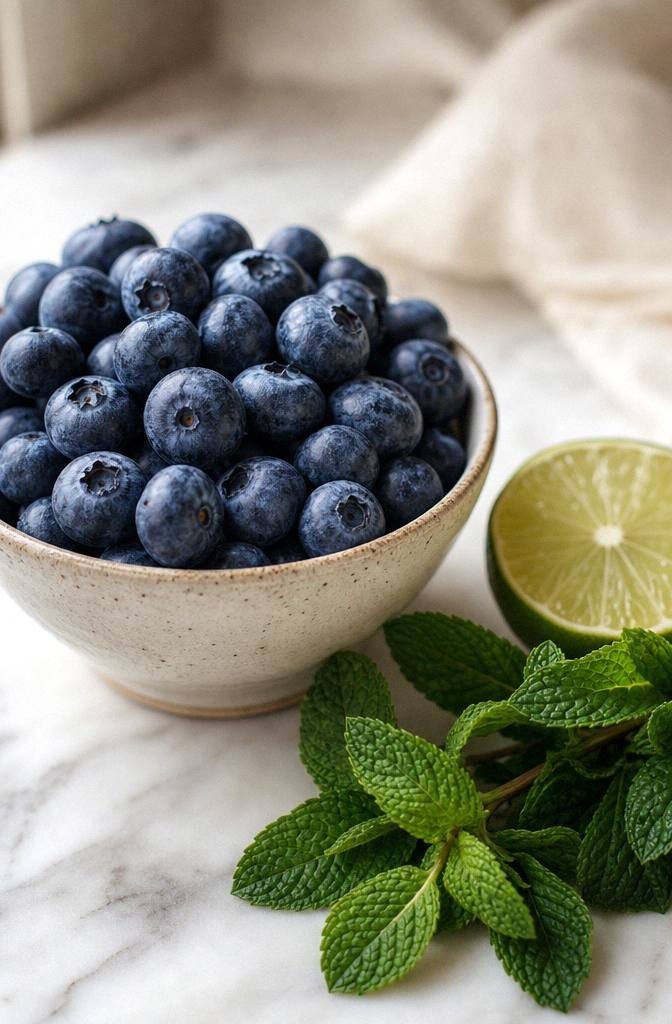 Fresh blueberries and a halved lime on a pale marble surface beside a tall clear glass with whole mint leaves ready to build a blueberry mojito mocktail