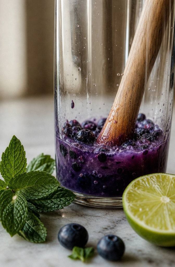 Fresh blueberries being muddled with lime juice in a clear glass turning the liquid deep violet blue before mint and sparkling water for a blueberry mojito mocktail step by step