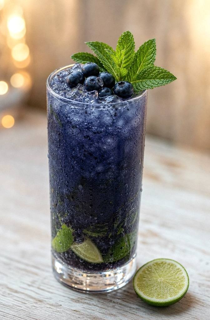 Finished Blueberry Mojito Mocktail in a tall clear glass with deep navy color crushed ice mint sprig and fresh blueberries floating on top with lime wheel garnish on light wood surface in bright daylight