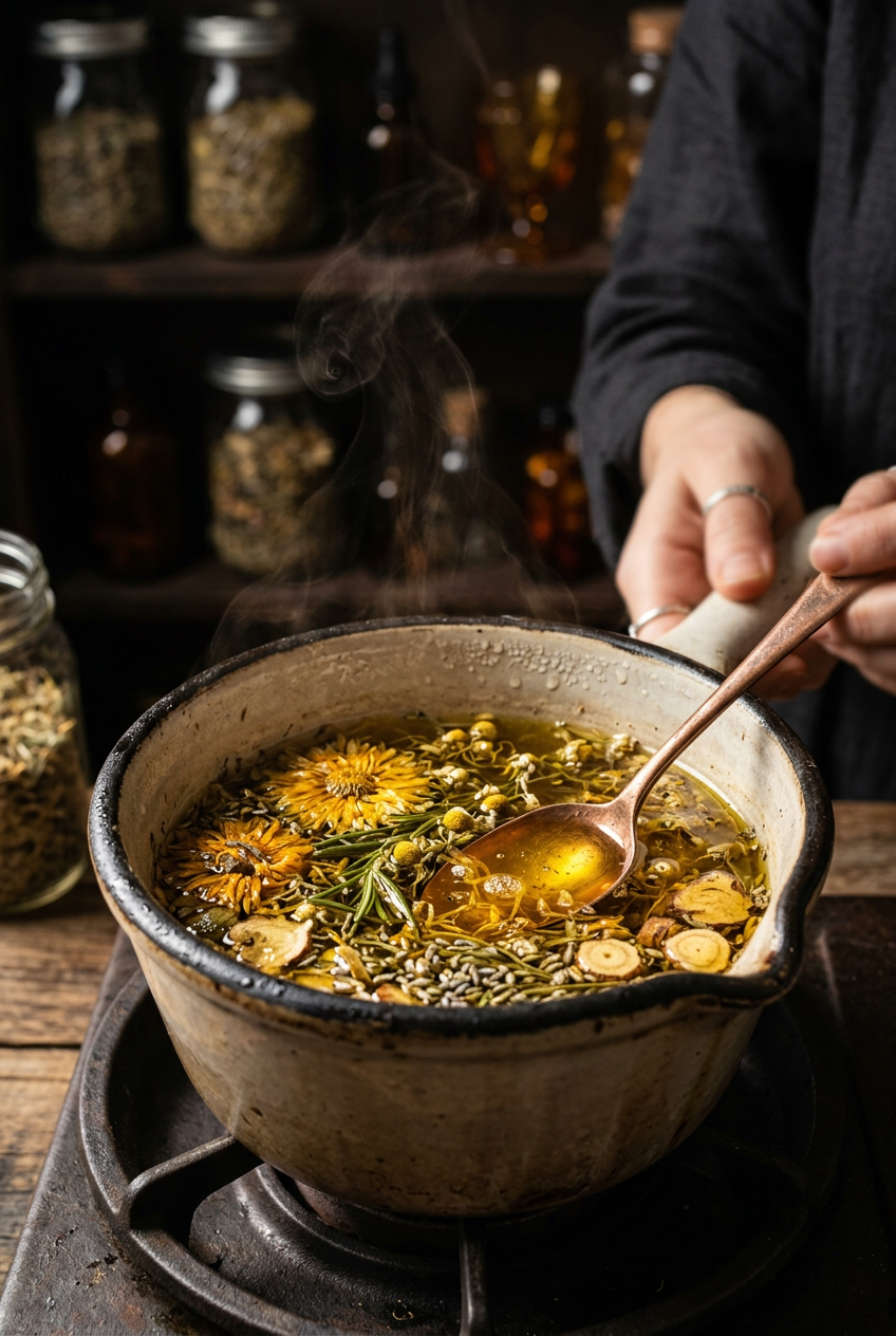 Golden herbal oil being strained through cheesecloth into a glass measuring cup