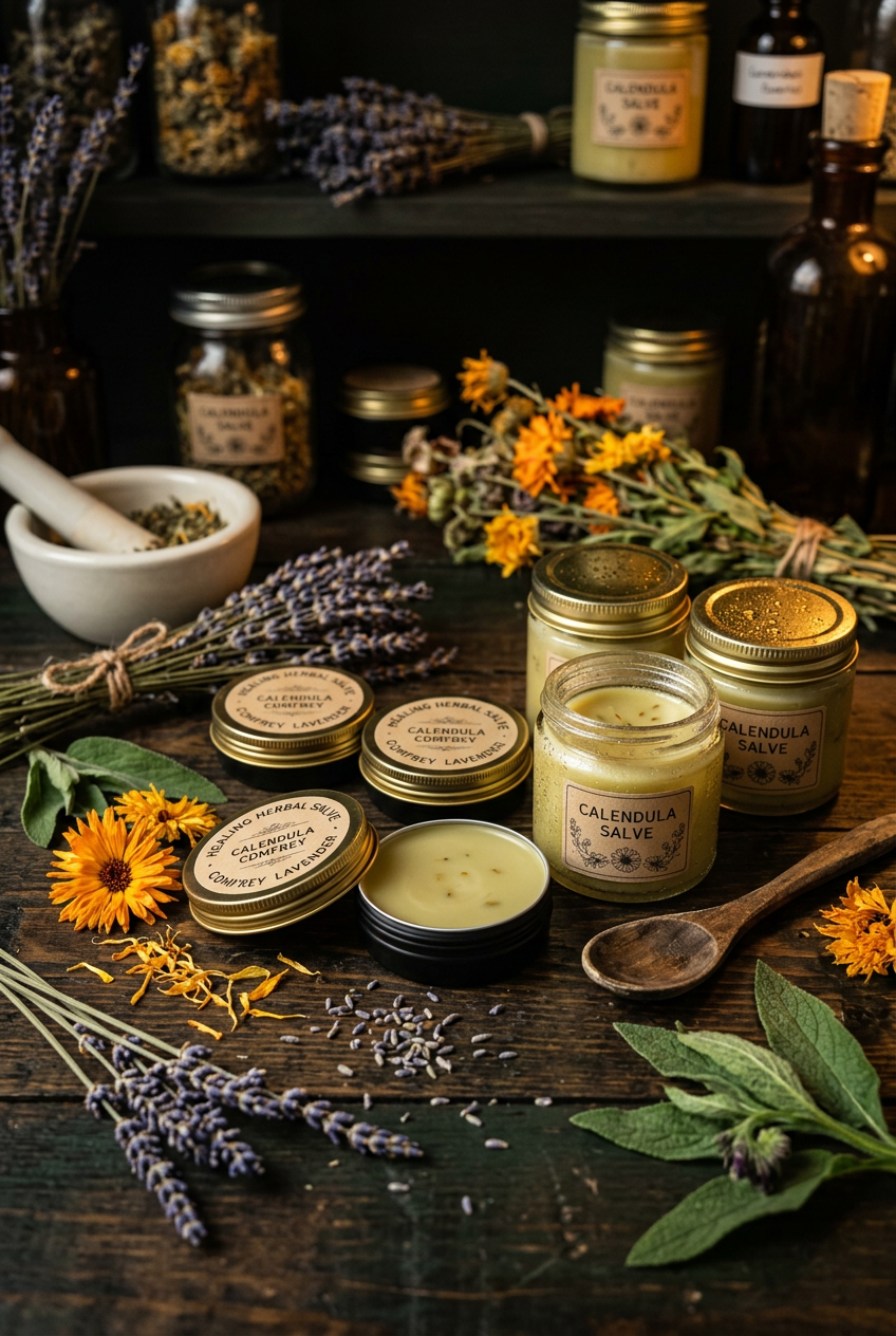 Finished herbal salves in small metal tins and glass jars with handwritten labels on a wooden shelf