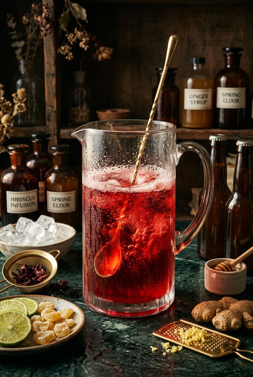 Making botanical mocktail recipes for spring party with fresh herbs, elderflower cordial, and citrus being mixed in glass pitcher
