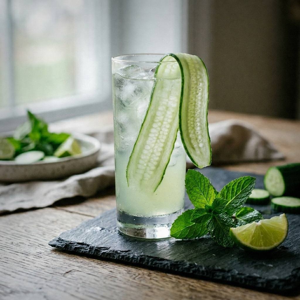 Mint cucumber cooler mocktail in a collins glass on slate board with cucumber slices and lime, refreshing green spring drink