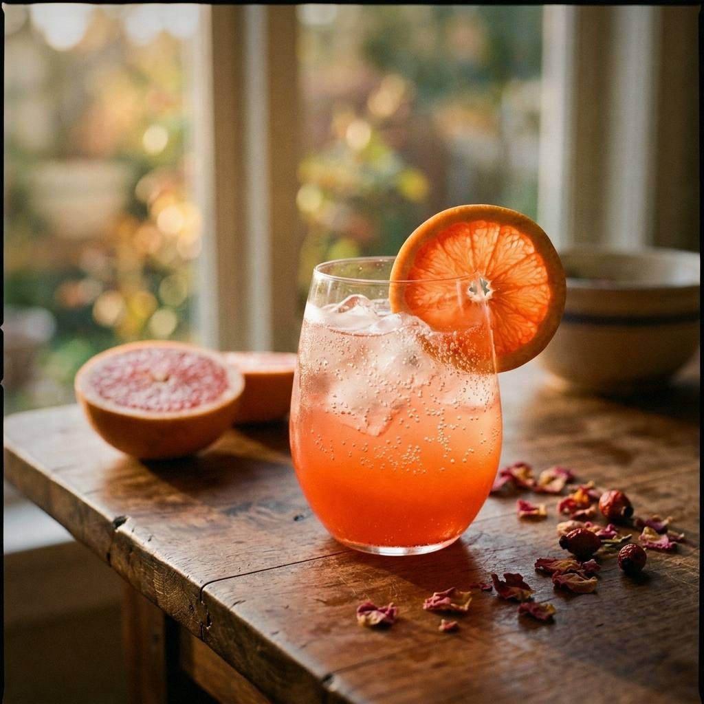 Rose hip citrus spritz in a stemless wine glass on walnut surface with grapefruit wheel and dried rose petals, coral pink mocktail