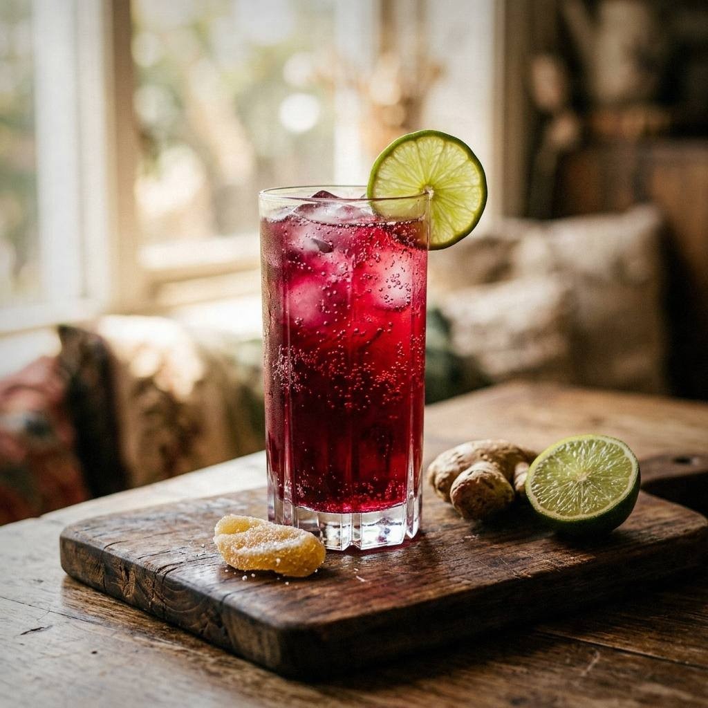 Hibiscus ginger fizz in a highball glass on teak board with deep magenta color, lime wheel and candied ginger, botanical mocktail