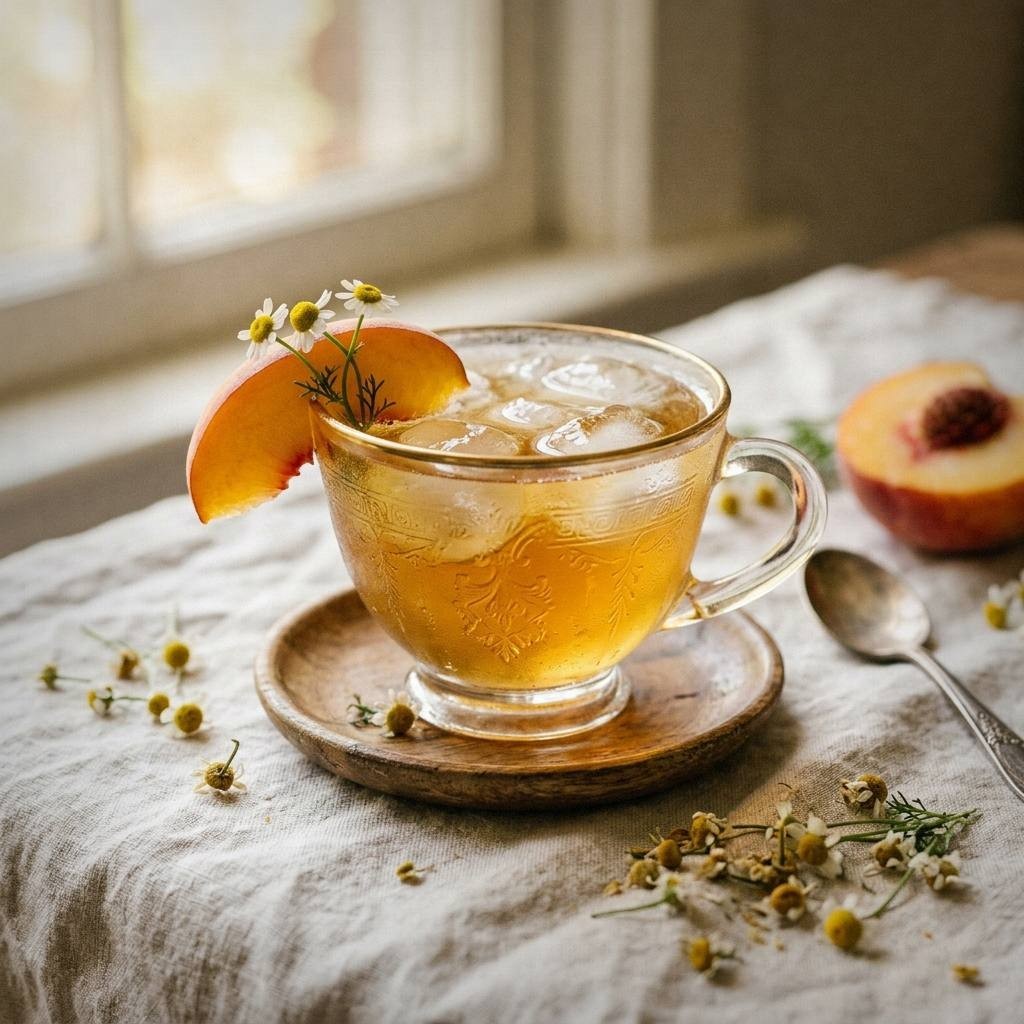 Chamomile peach sipper in a vintage glass teacup on linen cloth with golden amber drink, fresh peach slice and chamomile flowers