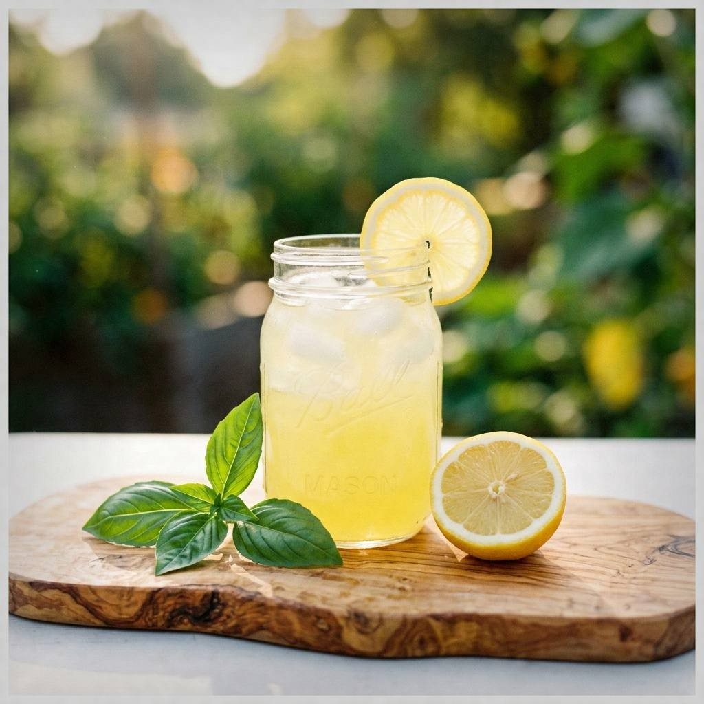 Basil lemonade with botanical bitters in a mason jar glass on olive wood board with fresh lemon and basil leaves, spring drink