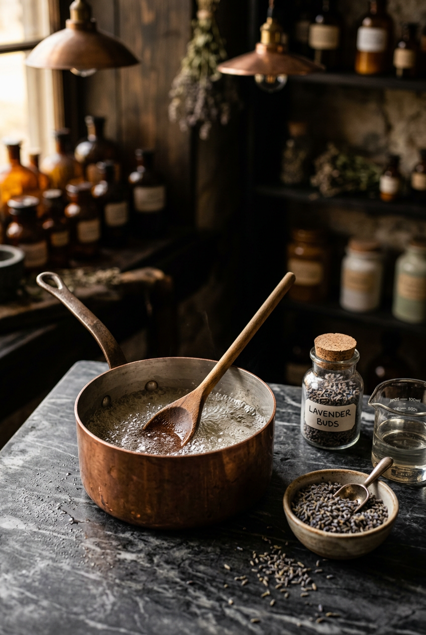 Glass jar of simple syrup with fresh lavender sprigs and measuring cup on wooden surface