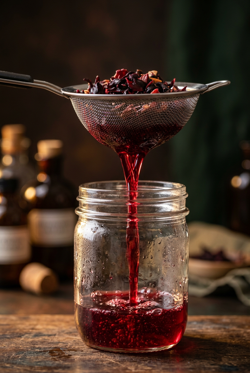 Row of glass bottles filled with colorful botanical simple syrups with fresh herbs and flowers