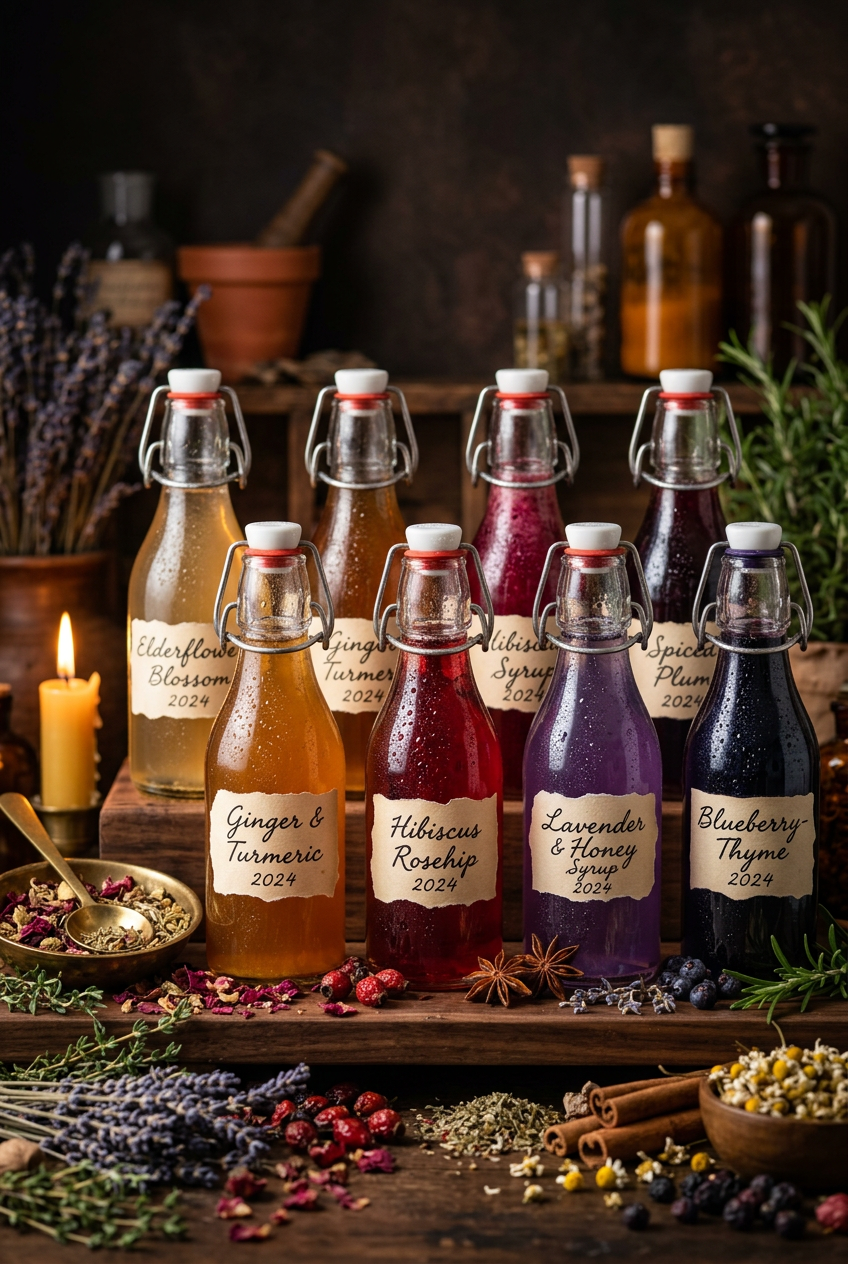 Small swing-top glass bottles filled with botanical syrups on a rustic wooden surface with dried flowers and herbs