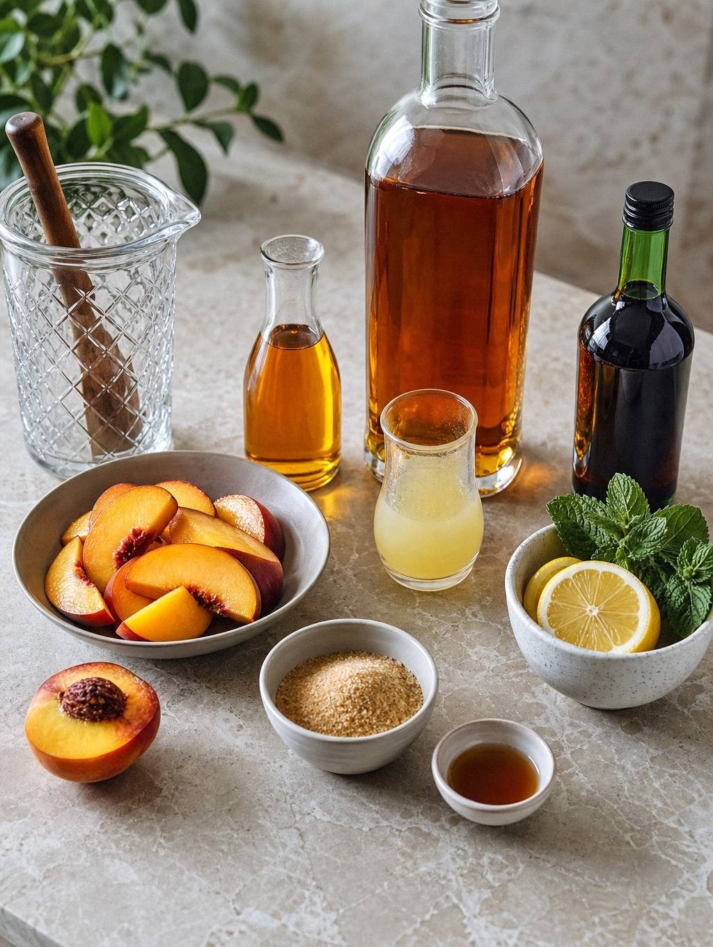 measured ingredients for bourbon peach tea cocktail including sliced peach, brown sugar, lemon juice, liqueur, and bourbon