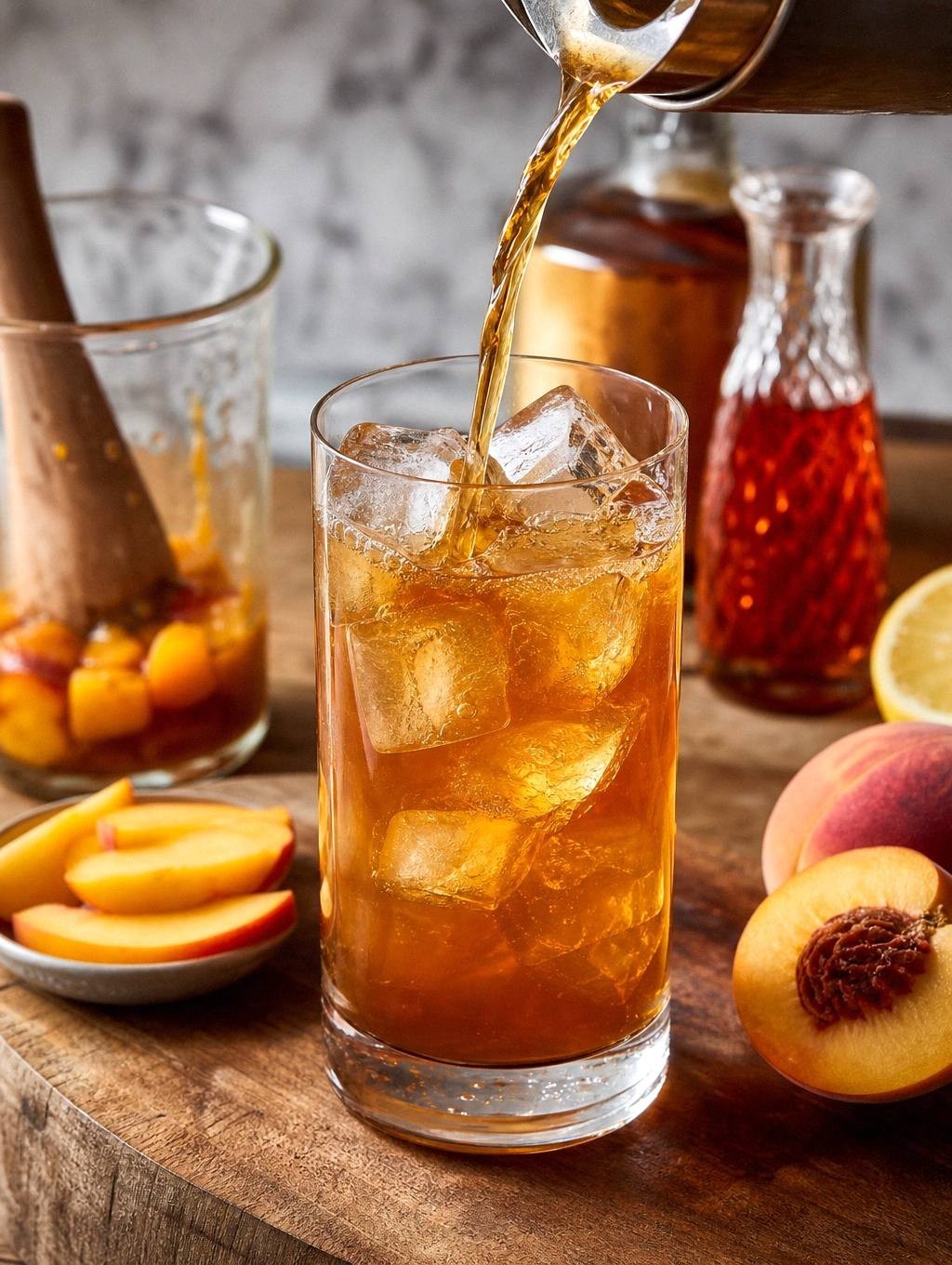 pouring bourbon peach tea into a highball glass over ice, liquid in motion