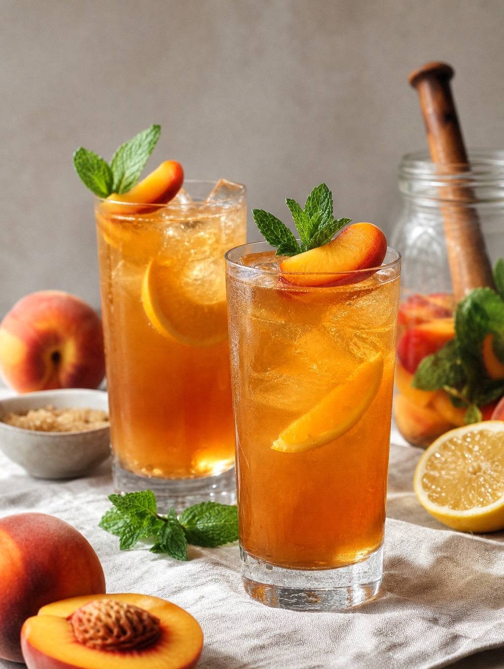 two servings of peach bourbon sweet tea in highball glasses on a table setting