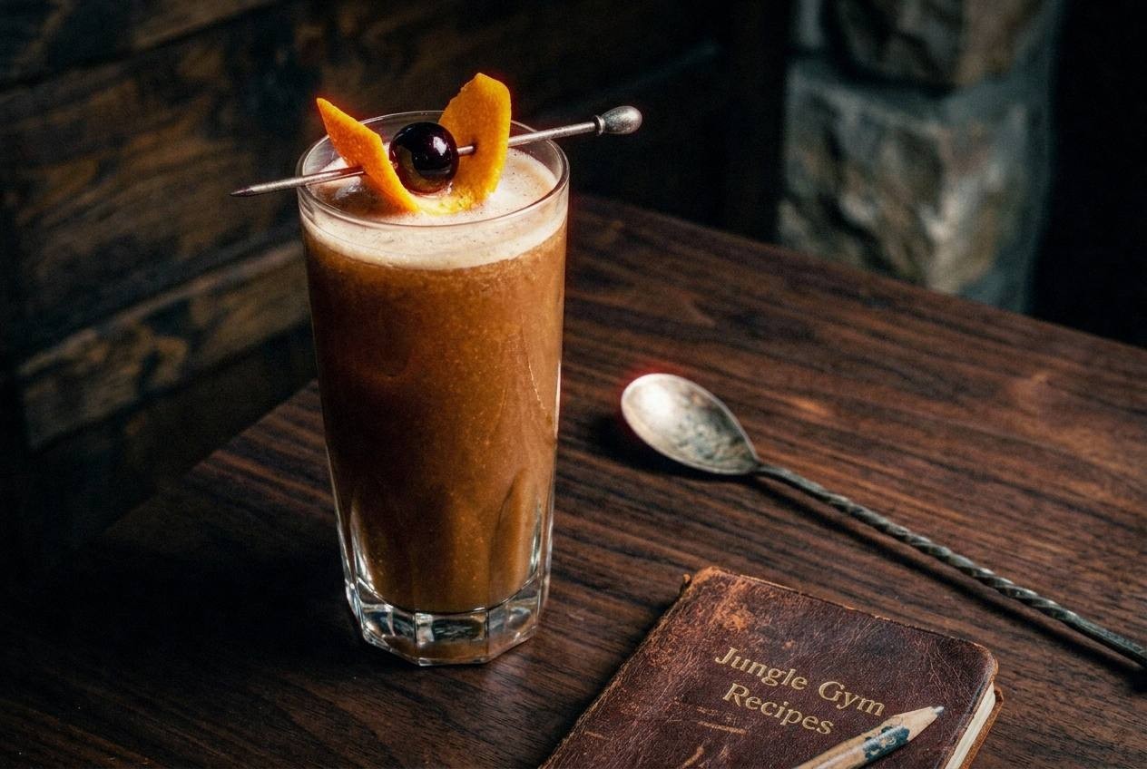 Finished Brain Stew mocktail in tall glass with layered green matcha, ginger lime mixture, ice cubes, lime wheel garnish, bamboo straw, spring afternoon sunlight through window