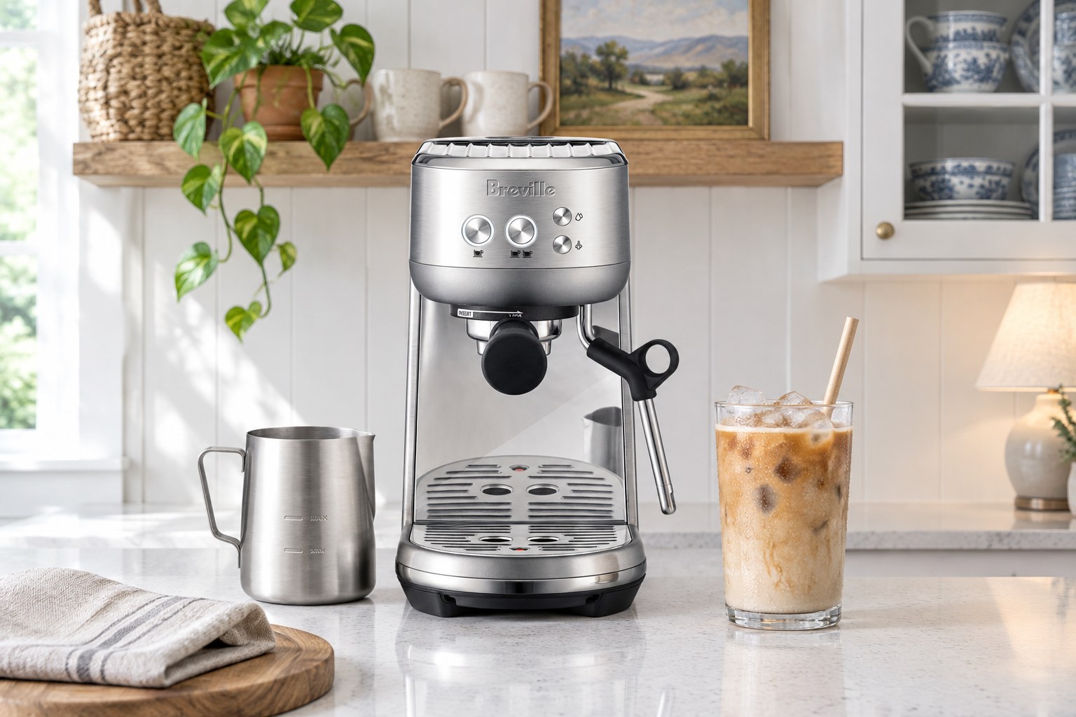 Breville Bambino espresso machine with its milk jug beside an iced latte on a small white quartz counter