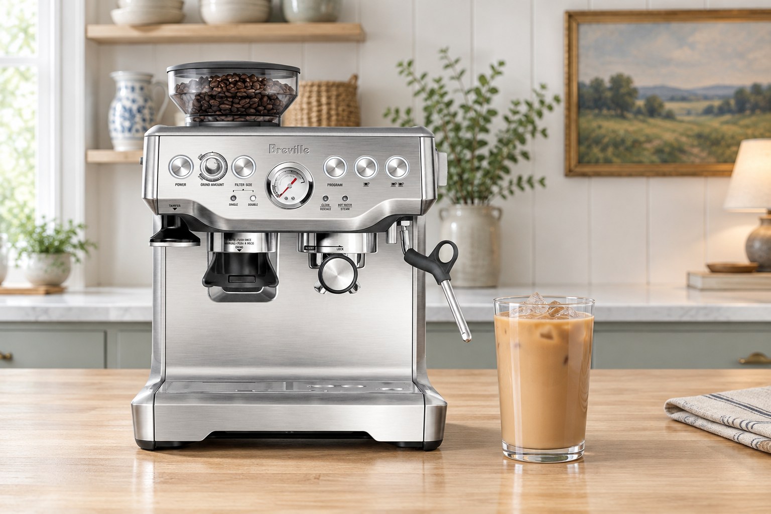 Breville Barista Express espresso machine with beans in the grinder hopper beside an iced latte
