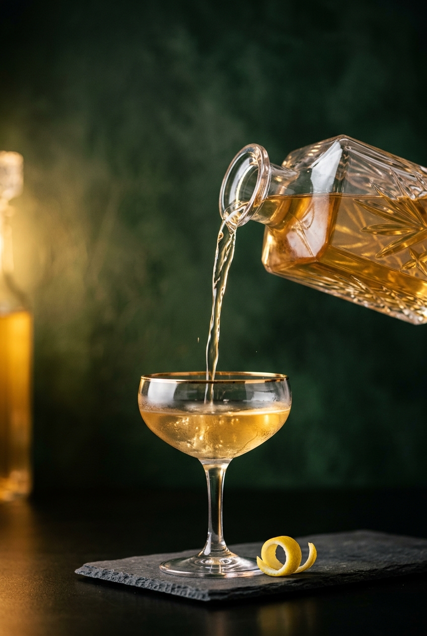 Hands pouring elderflower cordial into vintage coupe glass with lemon twist and edible flowers for bridgerton-inspired spring mocktail