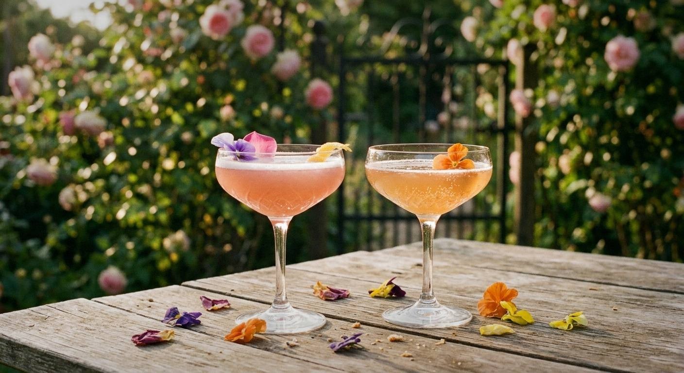 Bridgerton tea party table setting with five botanical mocktails in vintage glassware, fresh strawberries, lavender sprigs, edible flowers, and lace tablecloth