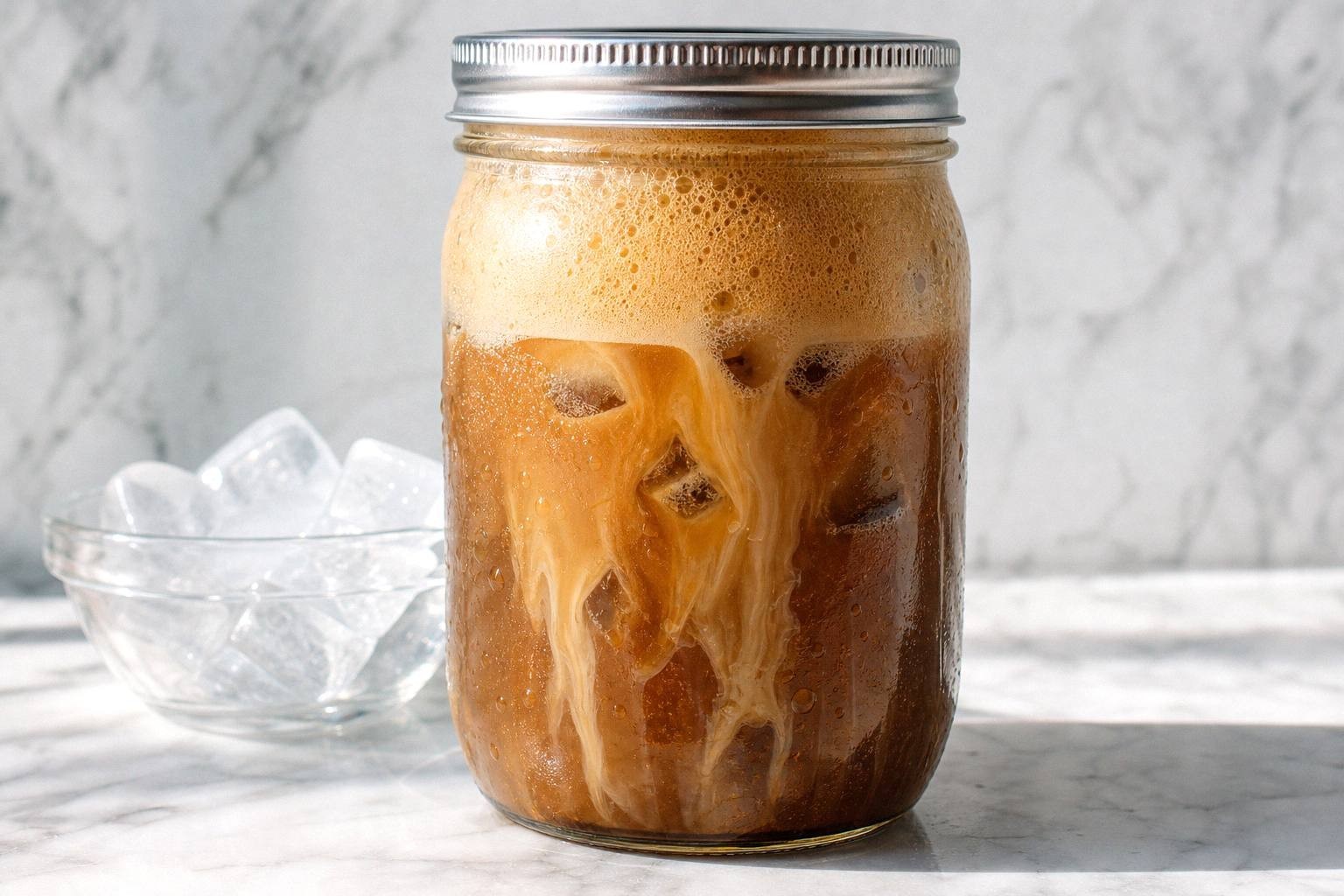 Mason jar of espresso and ice mid shake with tan foam building on the surface