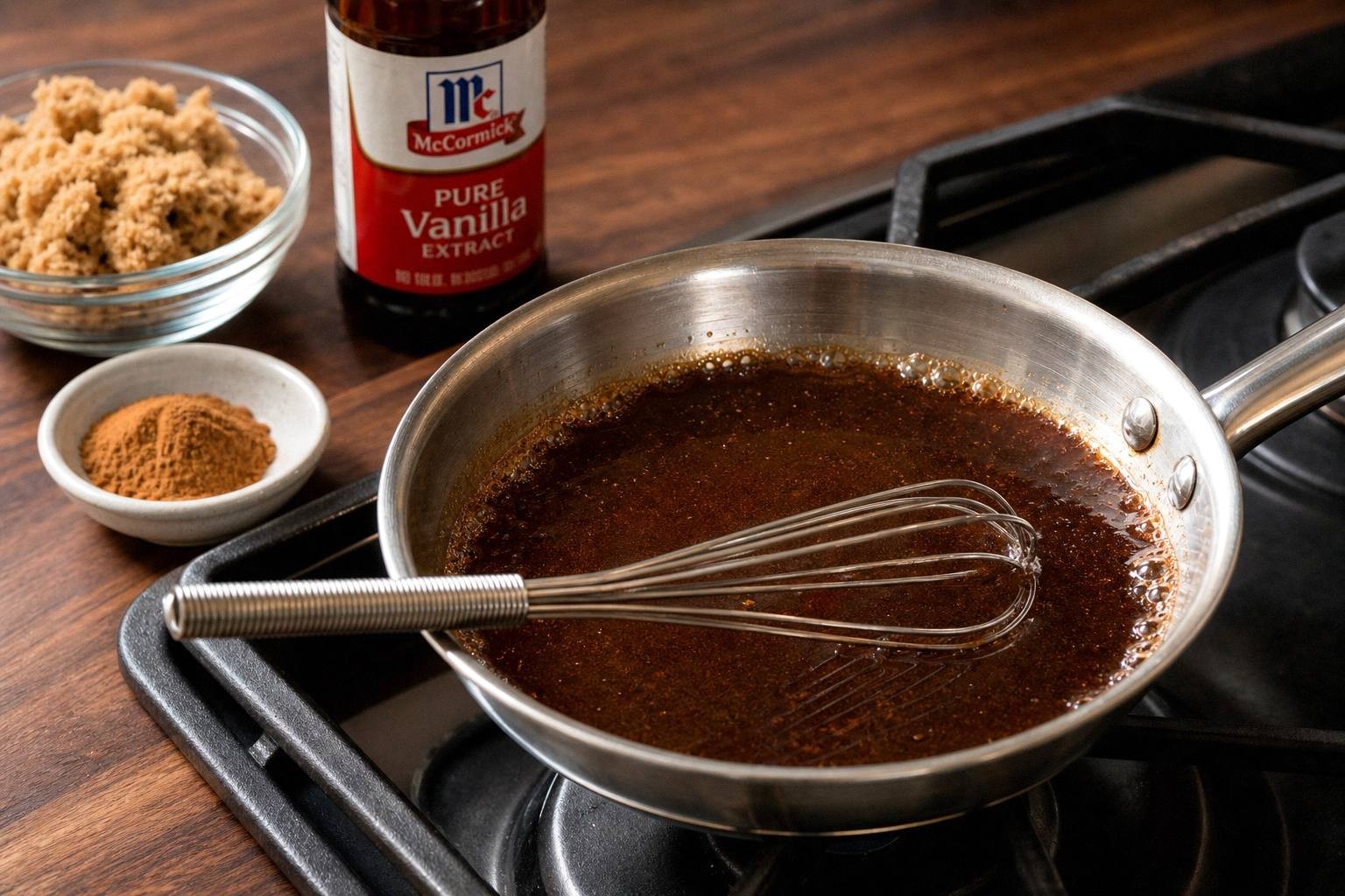 Brown sugar, ground cinnamon and vanilla simmering into a syrup in a small pan