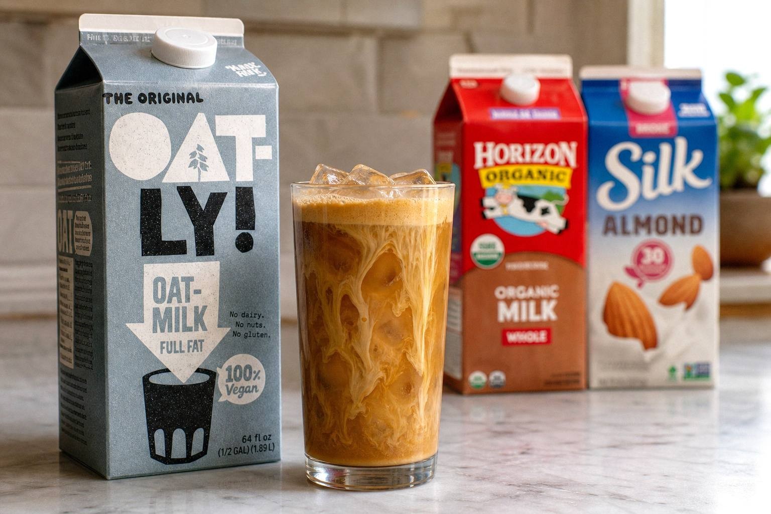 Oat milk being poured into a glass of shaken espresso beside cartons of dairy and almond milk
