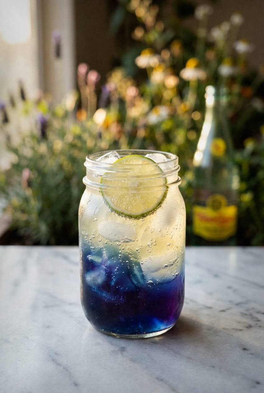 Butterfly pea flower lemonade in a tall glass showing deep blue color before lemon juice is added, dried butterfly pea flowers scattered on a light marble surface beside fresh lemons