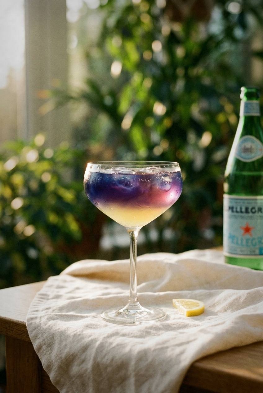 Pouring lemon water into a glass of blue butterfly pea flower lemonade showing the color change from blue to purple, fresh lemon halves and a wooden spoon on a light surface