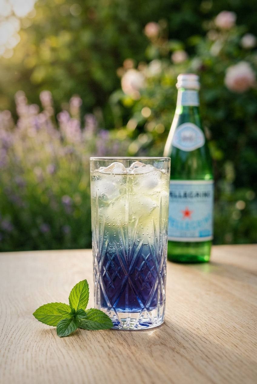 Finished butterfly pea flower lemonade in purple-magenta color in a glass pitcher with ice and lemon slices, a second glass showing the blue-to-purple gradient, bright natural light