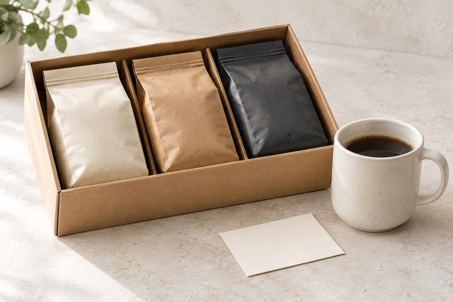 Illustrative sampler gift box with three blank coffee packages and a cream mug; not a photo of the linked item