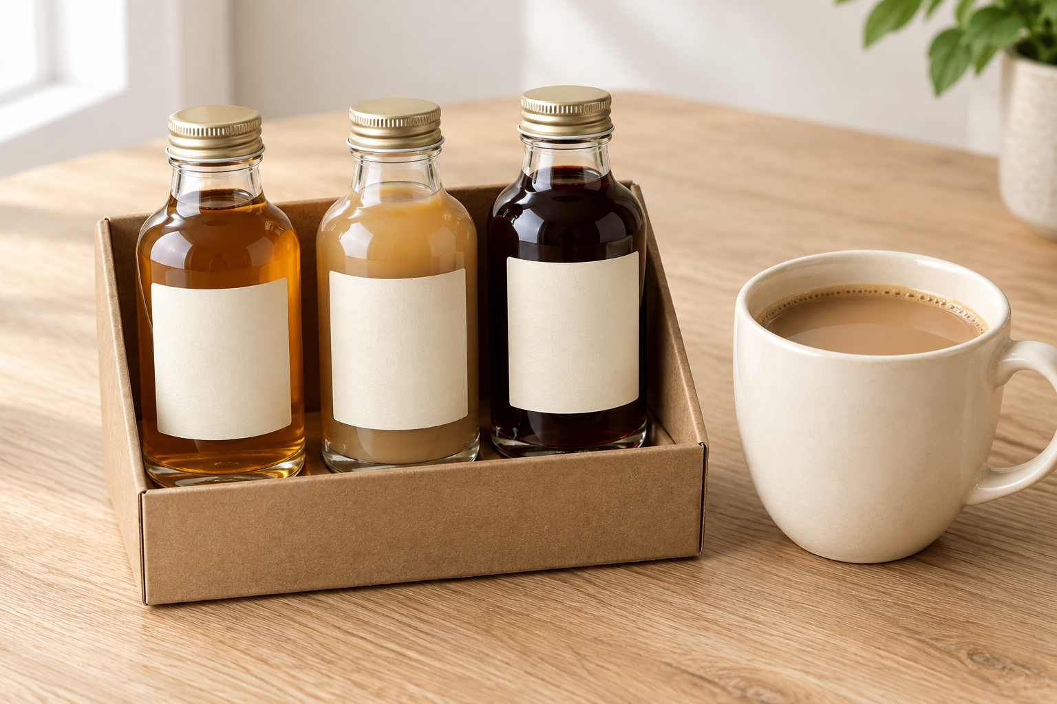 Illustrative unbranded coffee syrup bottles in a gift box beside milky coffee; not a photo of the linked item