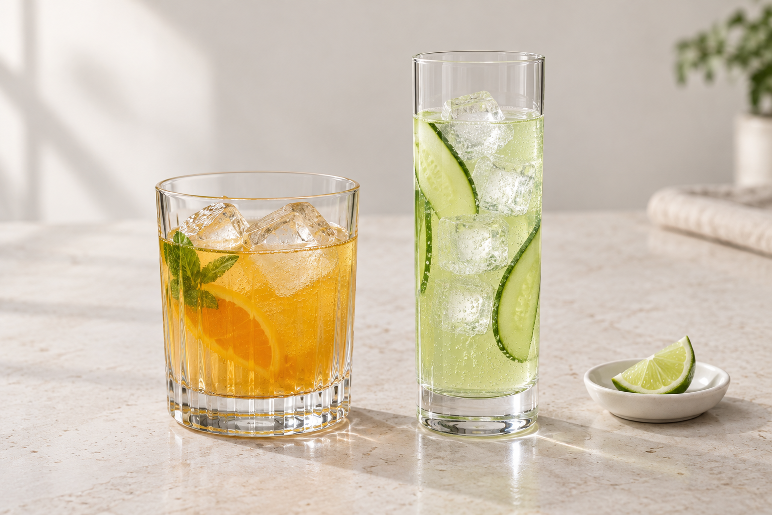 Illustrative tumbler and highball with iced citrus mocktails and room below the rims