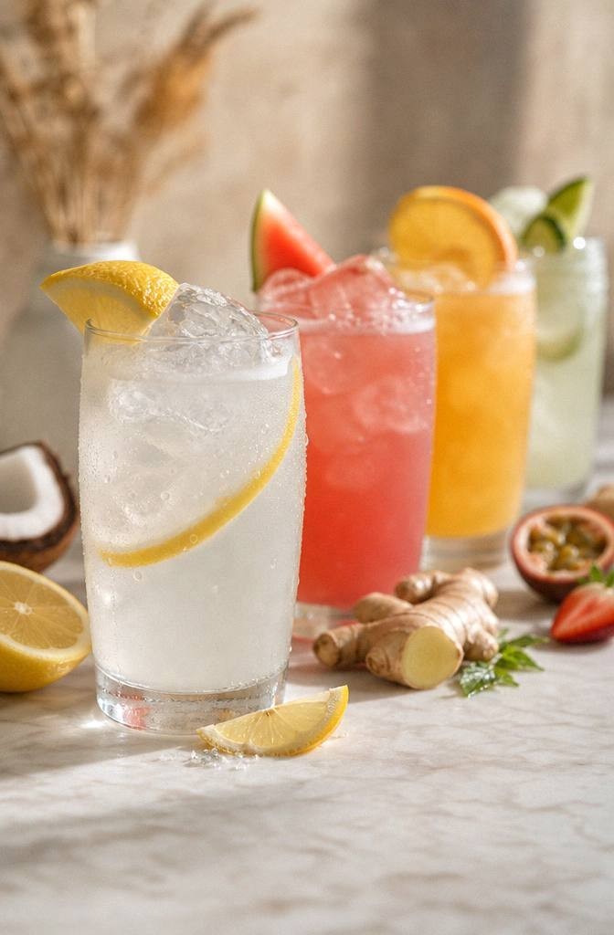 Clear coconut water electrolyte cooler in a glass with lemon and a pinch of salt on a bright surface