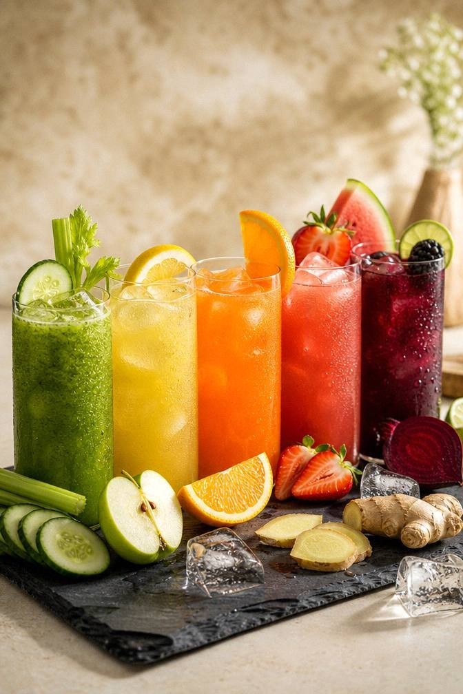 Green juice in a glass with cucumber celery and apple on a bright surface