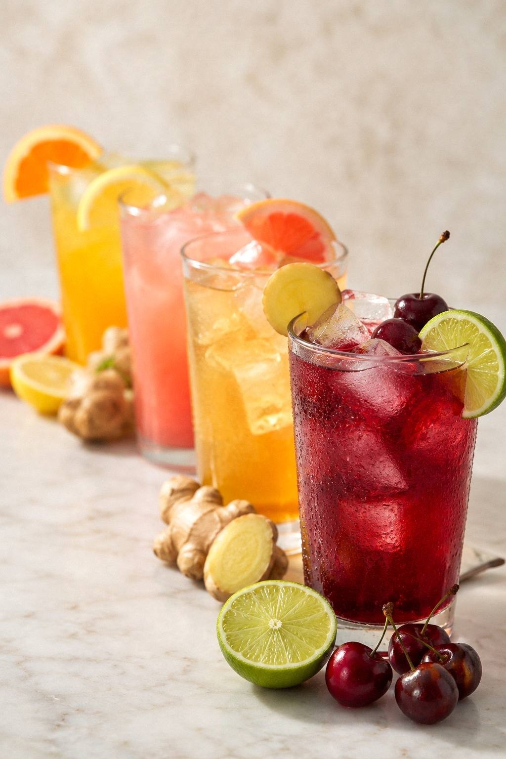 Deep ruby tart cherry recovery cooler in a glass with cherries and lime on a bright surface
