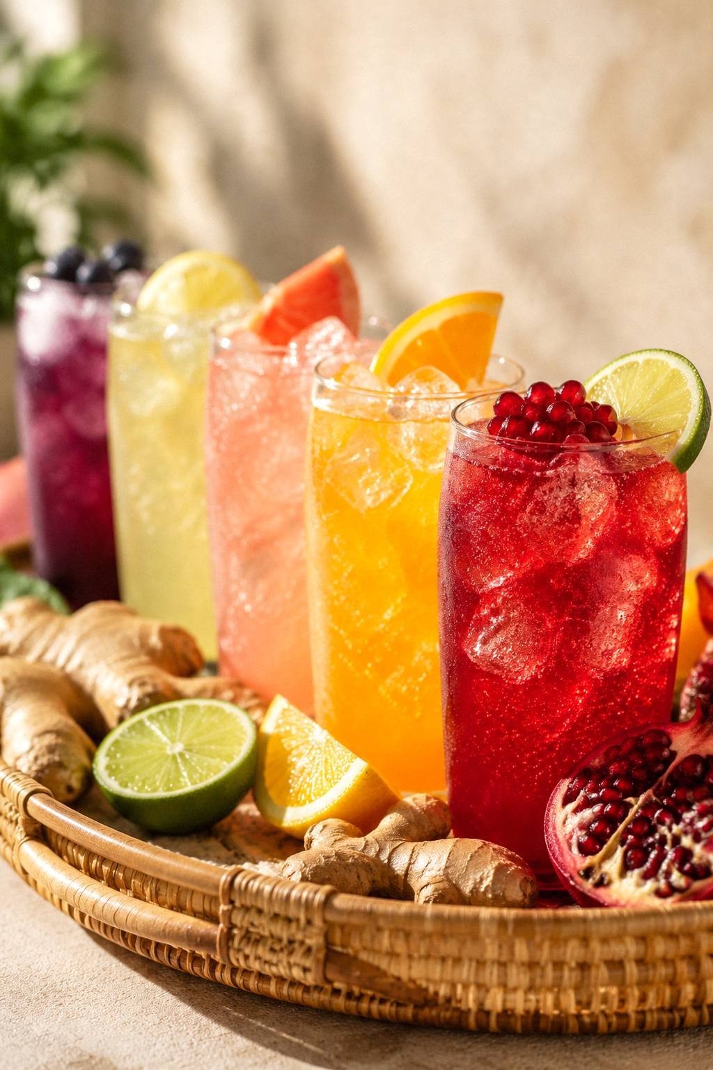 Jewel red pomegranate spritzer in a glass with pomegranate seeds and lime on a bright surface