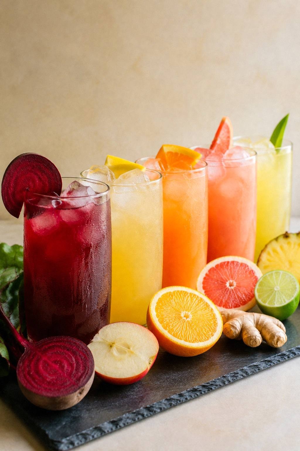 Deep crimson beet juice in a glass with a halved beet and apple on a bright surface