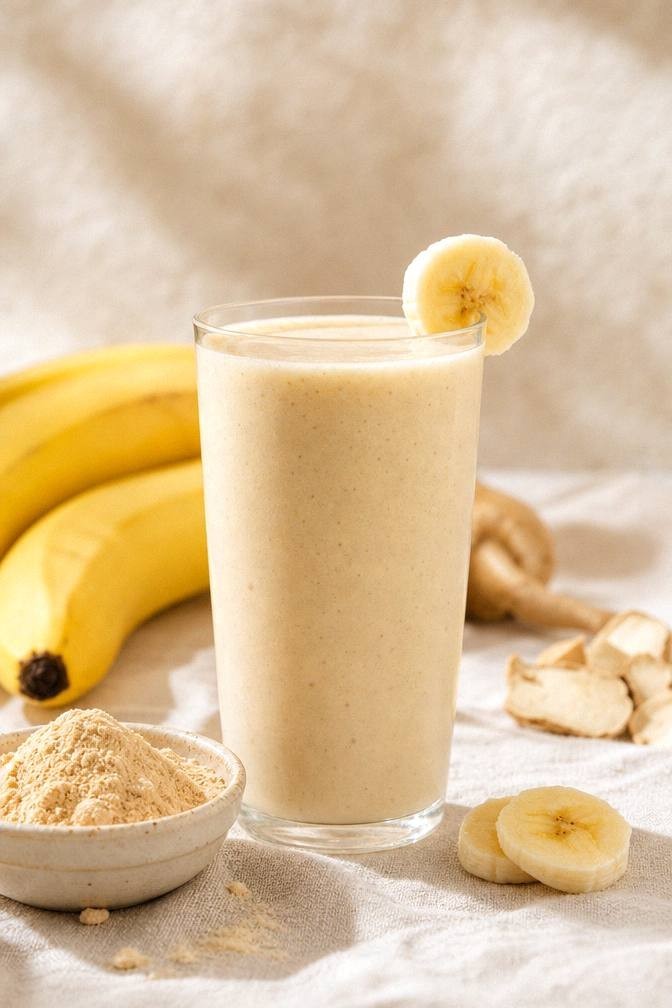 Creamy maca banana smoothie in a glass with banana and maca powder on a bright surface