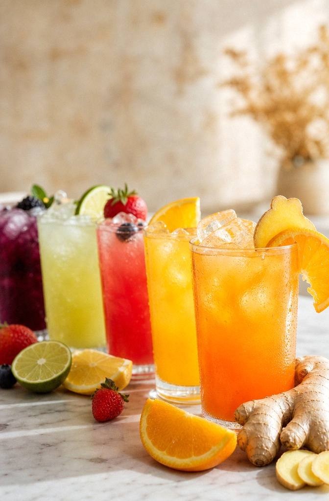 Bright orange ginger zinger drink in a glass with orange slices and ginger on a bright surface