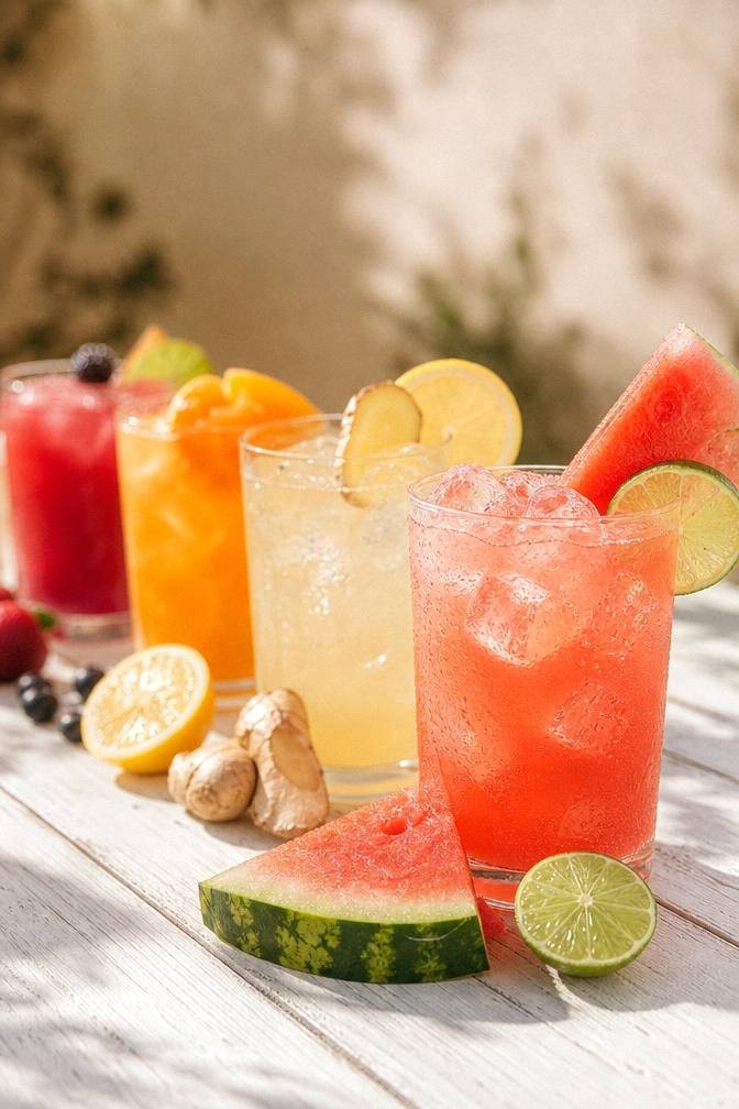 Coral pink watermelon lime hydrator in a glass with watermelon and lime on a bright surface