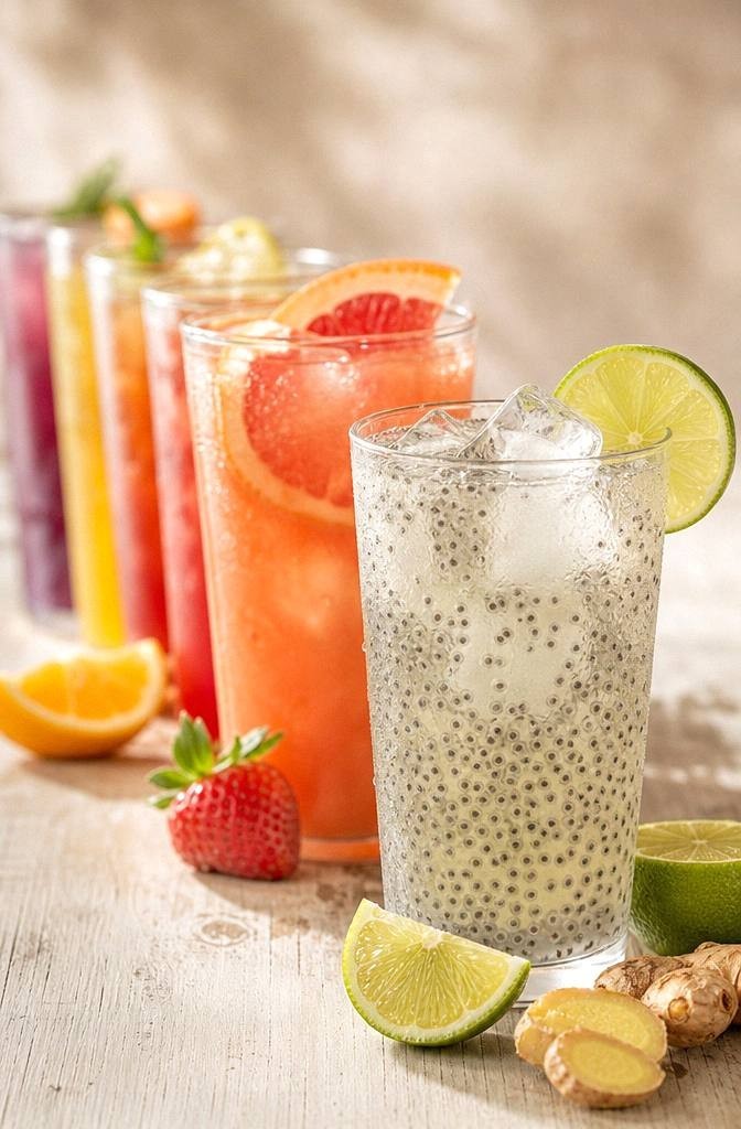 Chia fresca in a glass with plumped chia seeds and lime on a bright surface