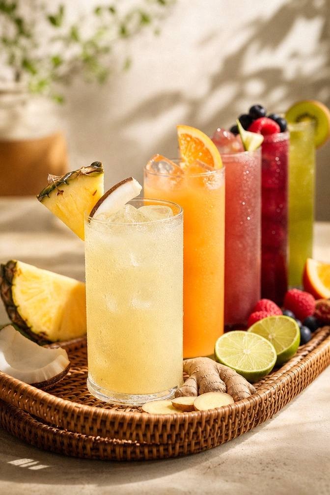 Pale yellow pineapple coconut refresher in a glass with pineapple on a bright surface