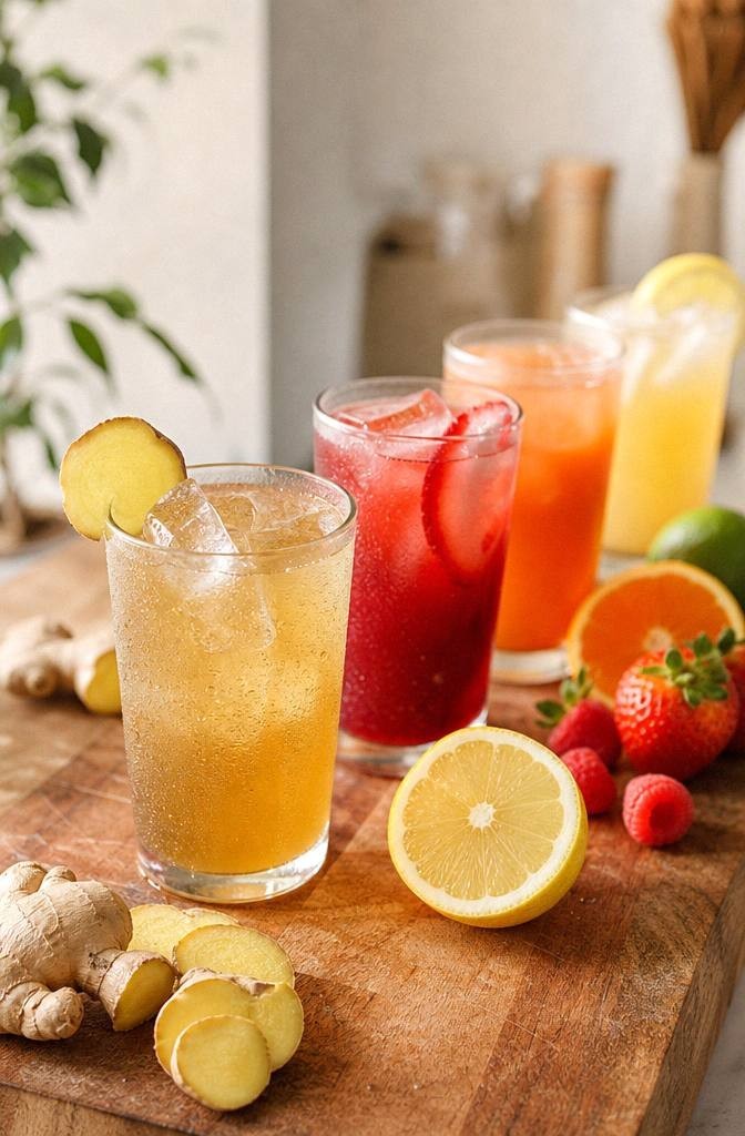 Golden apple cider vinegar switchel in a glass with ginger on a bright surface