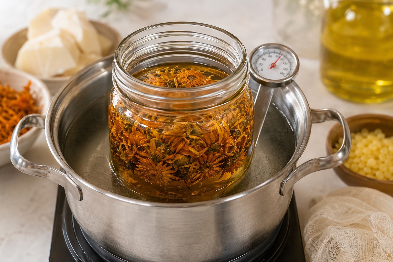 Dried calendula flowers beside a glass jar of golden infused oil, beeswax pastilles, shea butter, and small metal tins on a wooden apothecary table