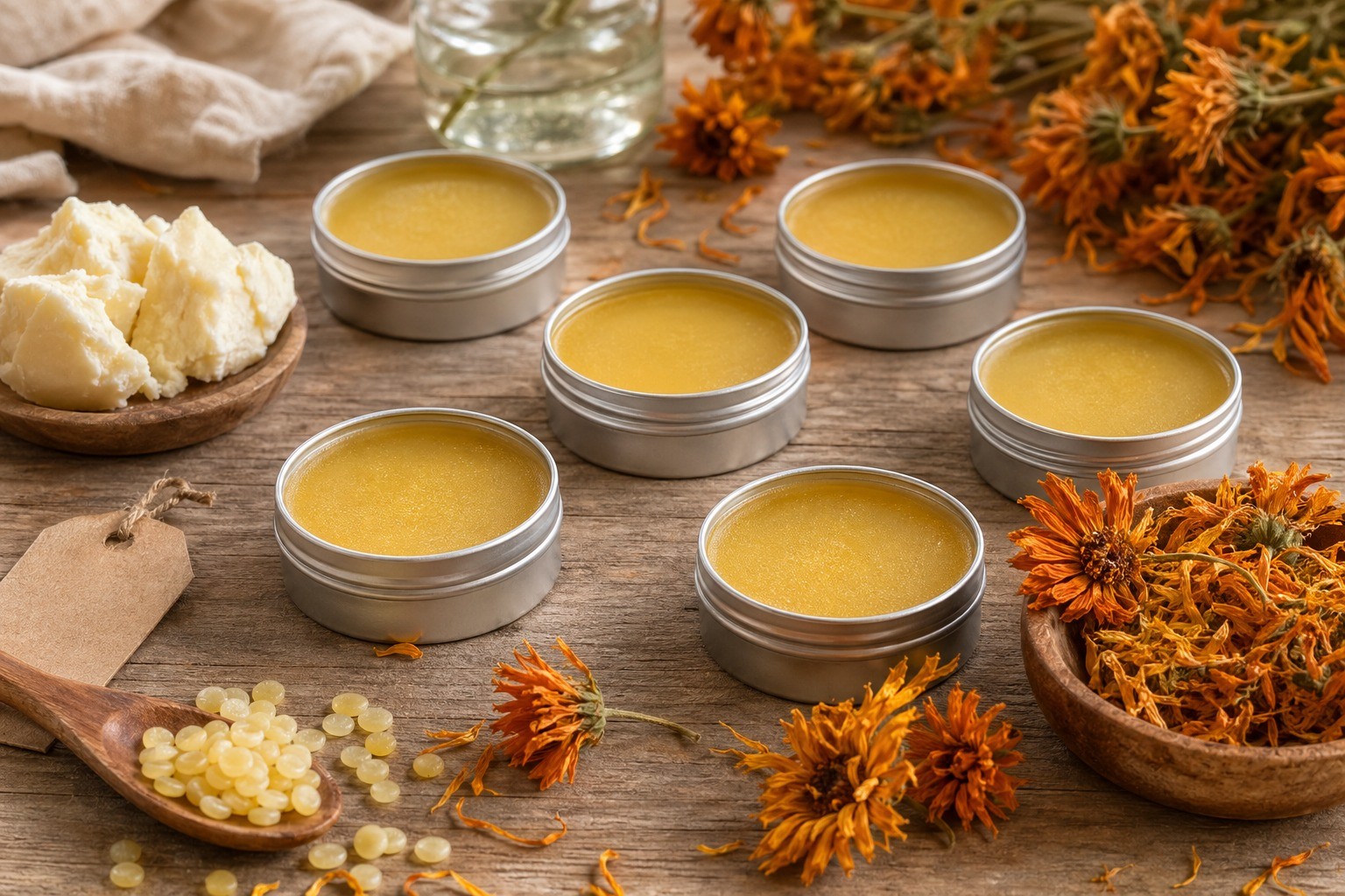 Warm calendula salve being poured from a small glass pitcher into shallow metal tins with dried calendula flowers nearby